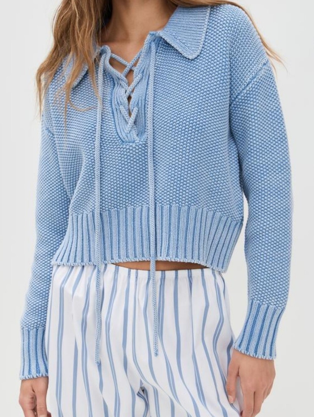 Collared Lace-Up V-Neck Sweater in Light Blue